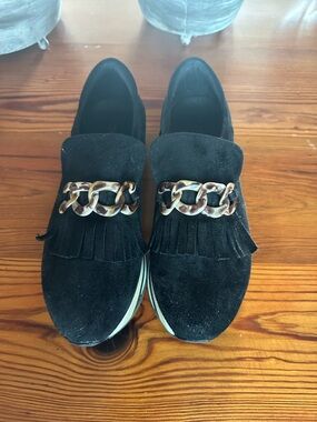 Coconuts by Matisse Black Suede Fringe Slip-On Mules with Tortoiseshell Chain